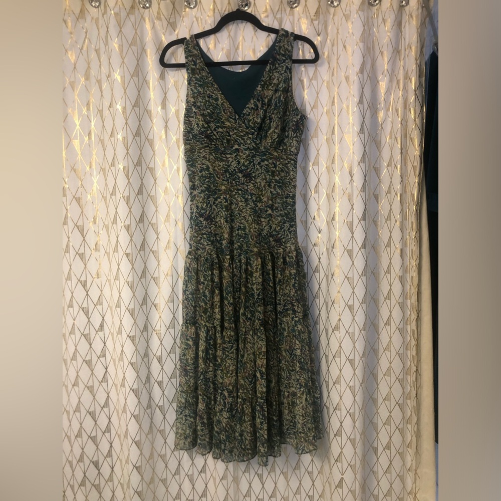 Jonathan Martin Dress White Teal Floral Drop Waist Midi V-Neck - size Medium - Picture 2 of 9